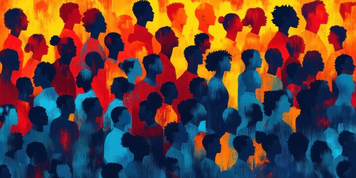 Large crowd of overlapping profile silhouettes showing heads and shoulders in red, orange and blue textured brush strokes conveying vibrant unity and contemplative mood