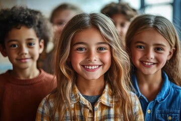 Obraz premium three children standing close together indoors with thoughtful serious expressions wearing casual shirts