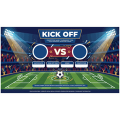 Obraz premium Professional soccer kick off match graphic template with football, scoreboard