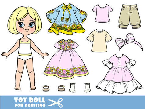 Cartoon blond girl with short bob and clothes separately - yellow dsunresses, jeans, blouse and sandals