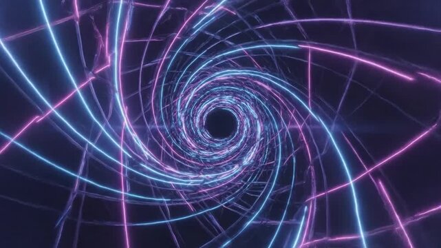Neon Vortex Tunnel: An abstract visualization of a swirling vortex tunnel with glowing neon lines in shades of blue and pink, creating a sense of infinite depth and futuristic motion.
