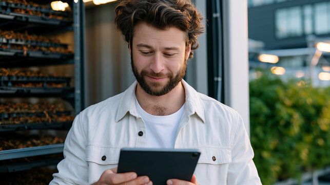 Insect protein bioconversion startup founder reviews mealworm frass fertilizer output quality data on a tablet while standing inside a shipping-container vertical frass collection unit, stacked inse