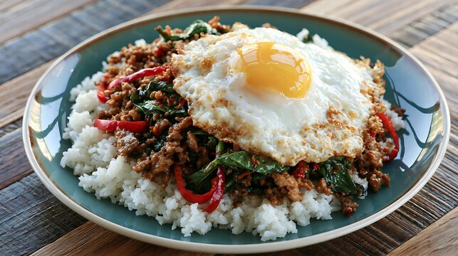 Thai Basil Chicken (Pad Krapow Gai) with Fried Egg and Steamed Rice on a Blue Plate on a Wooden Table