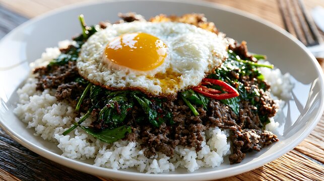 Spicy Thai Basil Minced Beef (Pad Krapow Nua) with Fried Egg and Steamed Rice on a White Plate on a Wooden Table