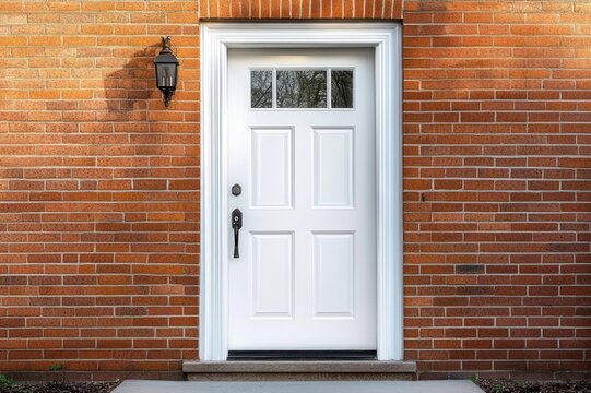 inviting white paneled front door with divided glass panes in red brick facade, black lantern sconce and black hardware above a concrete step, warm and welcoming
