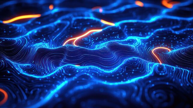 Mesmerizing neon topographic waves of glowing blue contour lines and scattered light particles with bright orange streaks, a dynamic futuristic digital terrain evoking energy and motion