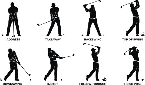 Golf Swing Sequence Silhouettes Featuring Professional Technical Stages from Address to Finish Pose