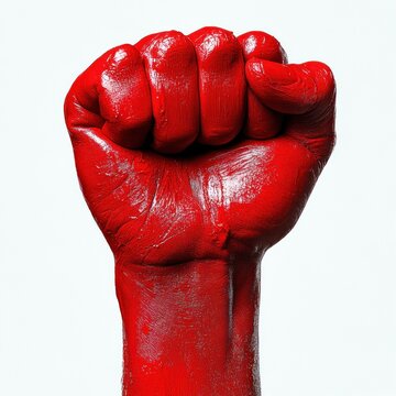 Glossy red painted human fist clenched and raised against a white background, conveying defiance, strength, determination and solidarity