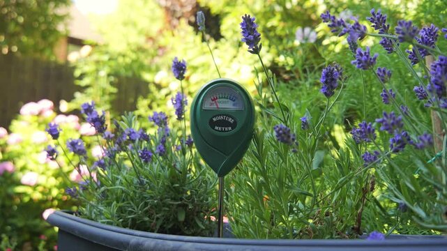 Gardener inserting a moisture meter probe into a flower filled with lavender