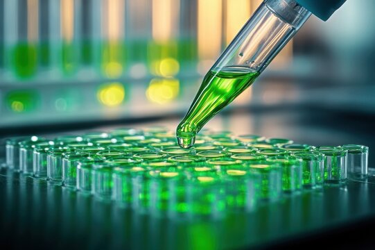 Close-up of a pipette releasing a vibrant green droplet into wells of a clear microplate with blurred test tubes and glowing bokeh, conveying meticulous scientific precision