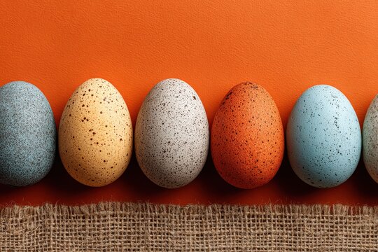 Colorful decorative eggs arranged in a row on a burlap fabric against a vibrant orange background, showcasing various speckled patterns and hues
