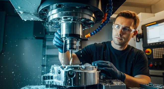 Professional male machinist operating high precision CNC milling machine in modern industrial workshop.