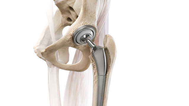 Total hip replacement implant in pelvis and proximal femur, photorealistic 3D medical illustration with metal acetabular cup for orthopedic surgery, healthcare training, and patient education