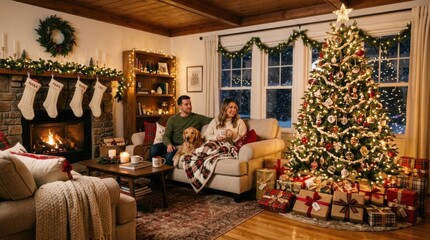 Obraz premium Cozy Christmas living room with family, dog, and decorated tree