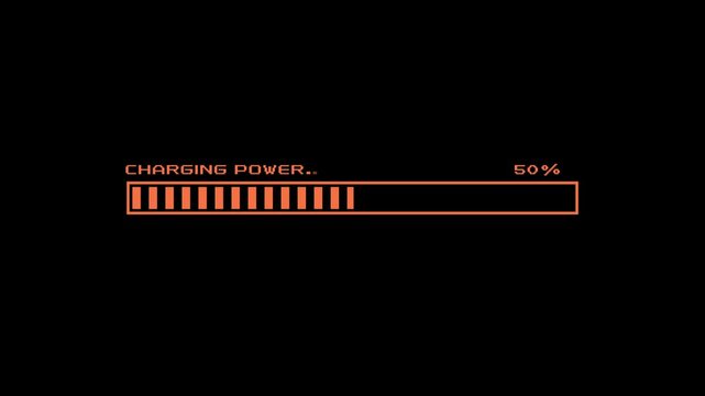 Retro pixel art charging power loading bar animation energy charge progress bar power up 8 bit gaming UI sci fi interface 4K motion graphics