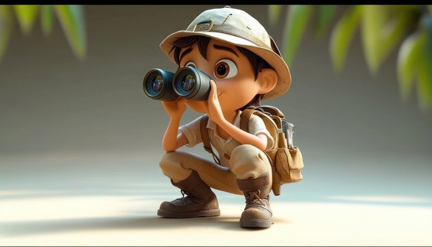 young explorer crouching with binoculars, wearing a pith helmet and backpack beneath a leafy canopy, curious and excited expression