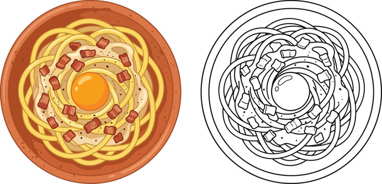 Spaghetti carbonara pasta dish presented in a vibrant cartoon vector illustration with a black and white outline version perfect for food-related designs or coloring activities
