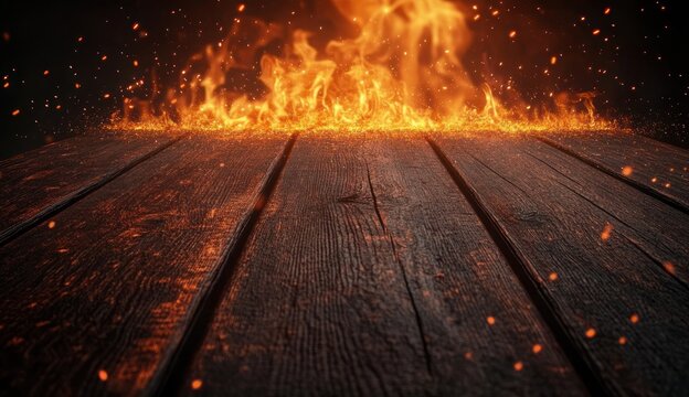 dark wooden planks leading to roaring flames and glowing embers, intense heat and danger