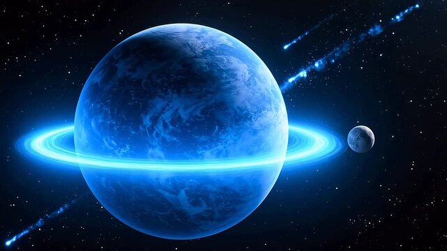 Blue planet with bright ring in space