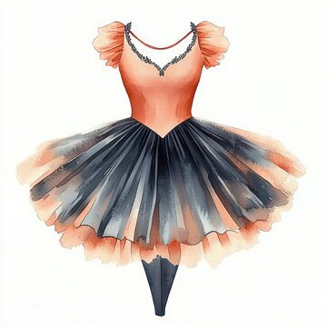 watercolor illustration of a peach bodice ballet tutu with ruffled sleeves, lace-trimmed neckline and layered gray-black tulle skirt, elegant and graceful