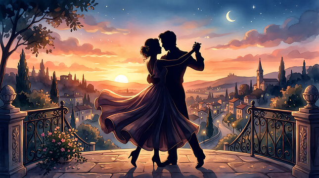 Couple dancing on a balcony. Romantic pair waltzing at sunset. Lovers in silhouette
