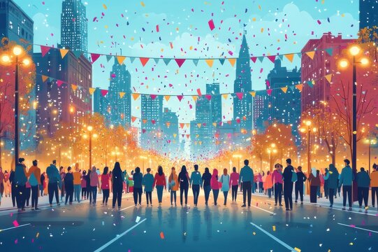 Large crowd on a lit city boulevard celebrating with confetti, colorful banners, street lamps and bright skyline, joyful and festive evening atmosphere