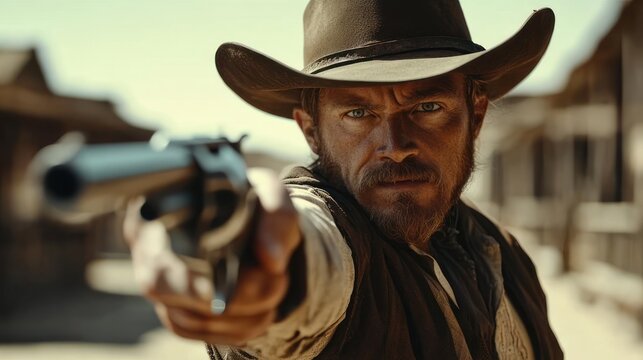 cowboy with obscured face pointing a revolver at the viewer on a sunlit dusty western street, tense confrontational standoff