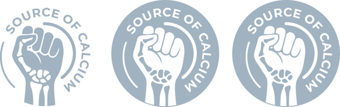 Three Light Blue-Grey Vector Badges with Fist Icon and 'SOURCE OF CALCIUM' Text
