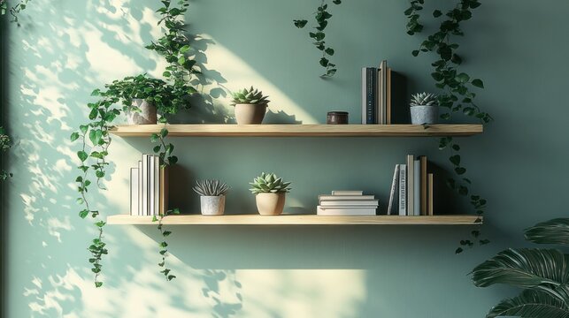 two wooden floating shelves with potted succulents and books against a mint green wall, trailing ivy and soft sunlight creating a calm tranquil atmosphere