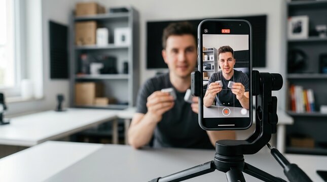 Tech reviewer, product review, video recording concept with creator filming technology content.