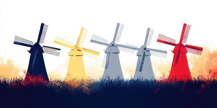 Five colorful windmills standing behind silhouetted grass with warm paint splatters on a white background, vibrant and playful countryside scene