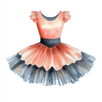 watercolor of a coral tutu dress with puff sleeves, dark waistband and layered pleated coral and slate-blue skirt, elegant and delicate ballet costume