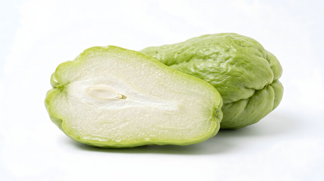 Fresh green chayote squash whole and halved showing white inner flesh and seed on white background isolated