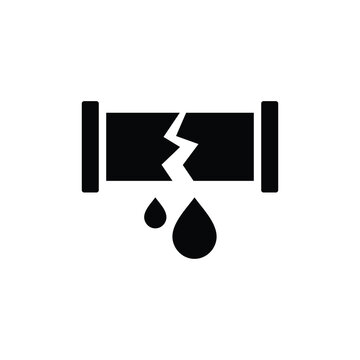Leaking pipeline, water leakage icon. Broken pipe with water leaking icon. Damaged plumbing or sewage system concept.