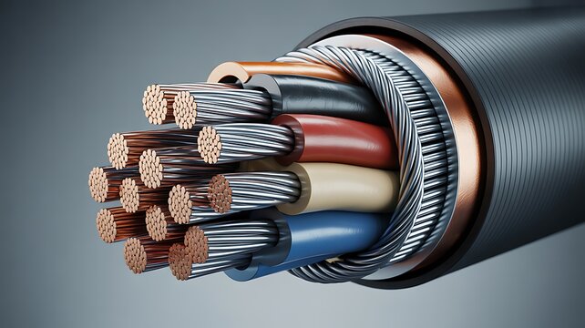 Cross section of industrial cable with many metal wires 