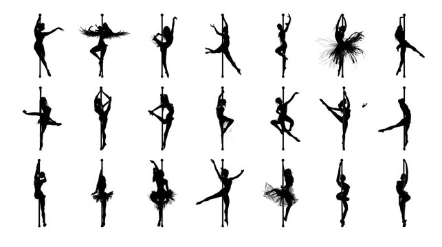 Dynamic collection of female pole dancer silhouettes showcasing various acrobatic and graceful poses