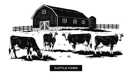 Very beautiful black and white realistic vector illustration of a cattle farm featuring dairy cows and barn with a bold label reading "CATTLE FARM", engraved linework, isolated on white background. © williamnoah