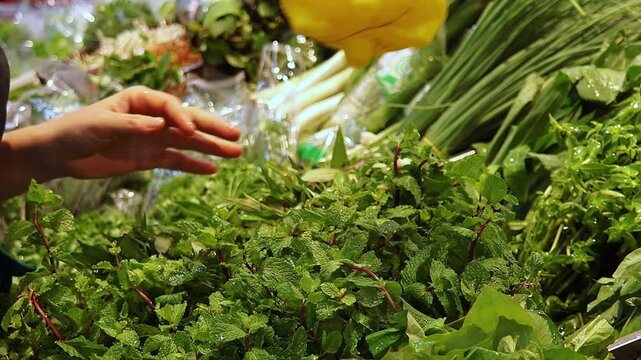 Supermarket employee spraying fresh herbs with water to keep leafy greens fresh in grocery store produce section. Healthy food, daily produce care, freshness preservation and retail quality concept