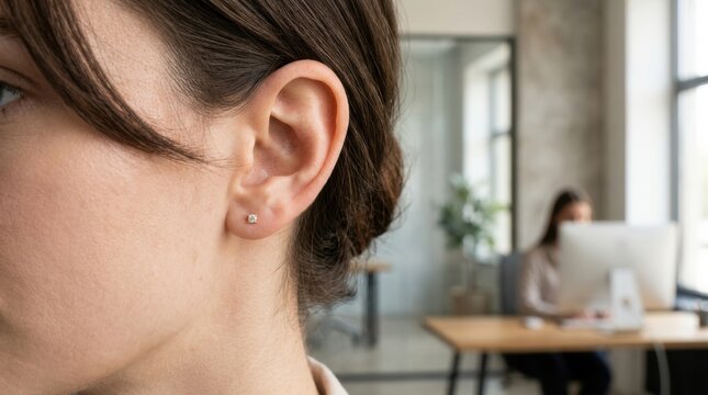 Models ear with earring, computer-generated image of a person from the back, facing away from the camera, looking at something off to the side