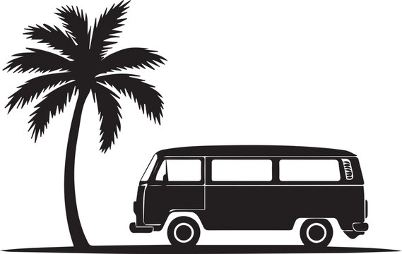 Black vintage van parked near palm tree silhouette Vector