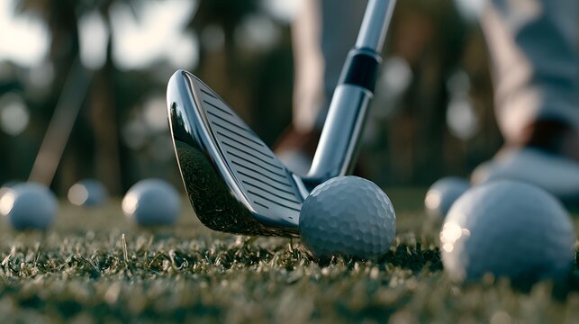 Close-up of a golf club face next to a white golf ball on green grass at a driving range