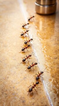 Dark brown ants marching in a single file along a cracked and dirty kitchen countertop leading to a sticky trap with sweet liquid residue