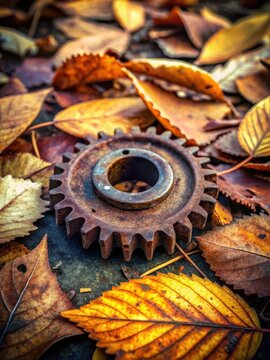 rusty gear among fallen autumn leaves sits still