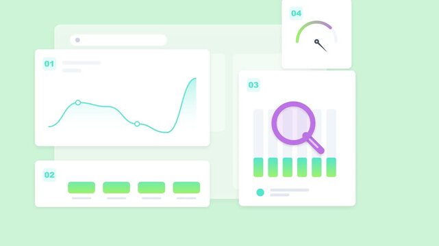 Data analytics dashboard interface with animated charts and business metrics