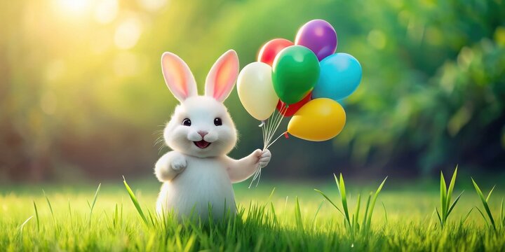 A small white bunny with a big smile on its face holding a colorful balloon in its paws
