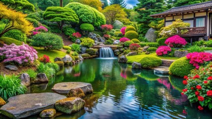 Fototapeta premium Serene water features surrounded by lush greenery and vibrant flowers in a traditional Japanese garden setting