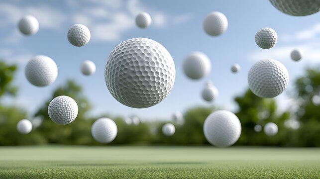 Many white golf balls floating in the air above a vibrant green golf course under a clear blue sky