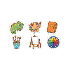 Art supplies and chameleon illustration for creativity and drawing © dek