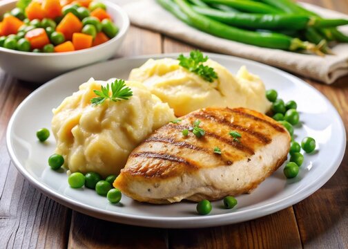 juicy chicken breast placed on a plate with mashed potatoes and steamed vegetables