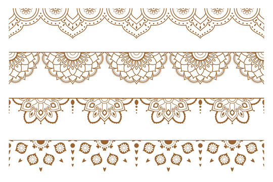 Golden brown mandala border pattern set four styles transparent background PNG henna mehndi decoration